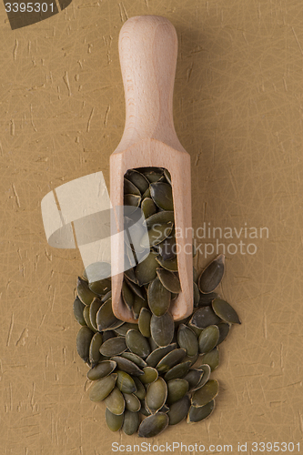 Image of Wooden scoop with pumpkin seeds