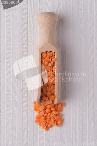 Image of Wooden scoop with  peeled lentils