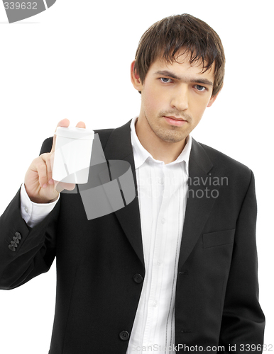 Image of confident man showing blank medication container