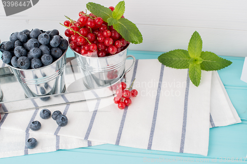 Image of Plums, red currants and blueberries in small metal bucket