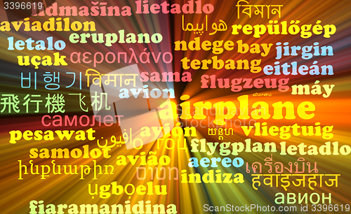 Image of Airplane multilanguage wordcloud background concept glowing