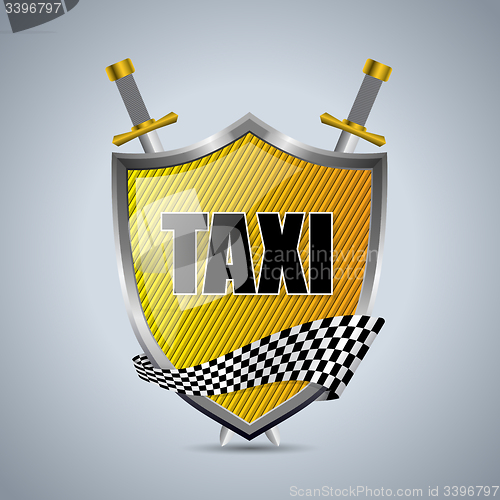 Image of Taxi shield badge with checkered ribbon and swords