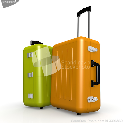 Image of Orange and green luggages stand on the floor