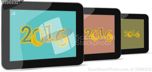 Image of set of tablet pc or smart phone icon isolated on white with a 2016 sign