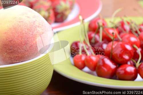 Image of fresh fruits and berries mixed collection surface close up, summer health food