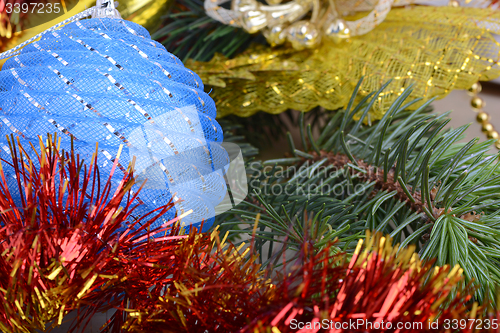 Image of Christmas Baubles with tree branch, new year holiday concept 