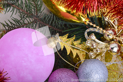 Image of Christmas Baubles with tree branch, new year holiday concept 