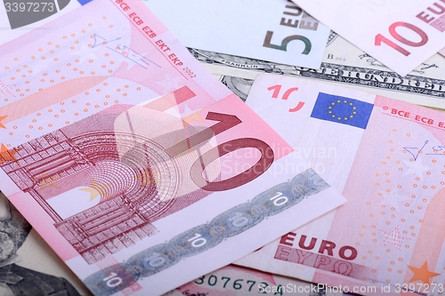 Image of euro currency banknotes. european and american money background