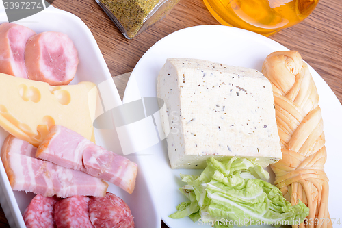 Image of Food high in protein, fish, sausages, cheese