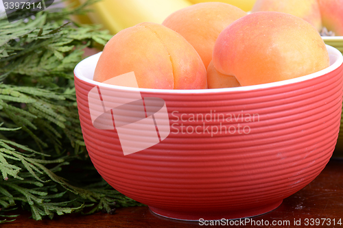 Image of bananas and apricots on red plate, close up