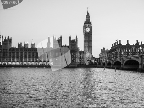 Image of Black and white Houses of Parliament in London