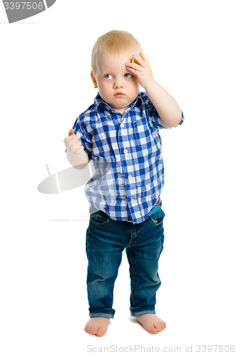 Image of baby boy on a white background. headache