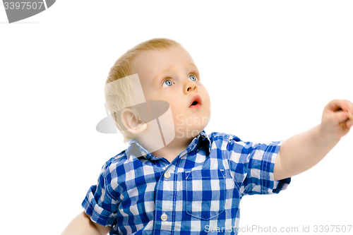 Image of boy looking up on a white background