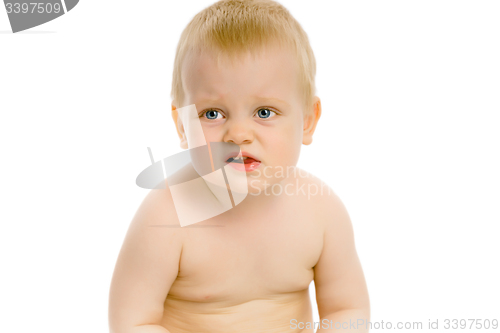 Image of baby sitting on a white background