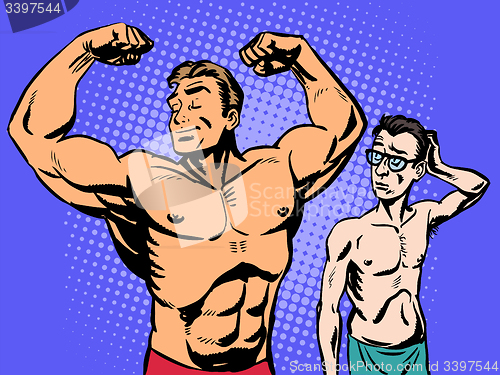 Image of Bodybuilder and thin man sport fitness