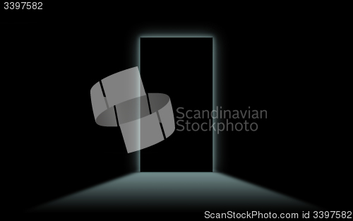 Image of Black door with bright neonlight at the other side