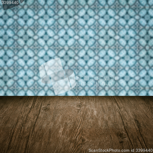 Image of Wood table top and blur vintage ceramic tile pattern wall