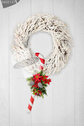 Image of Christmas wreath and cane