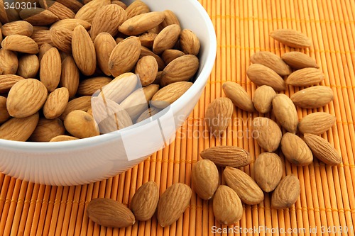 Image of Bowl of almonds on rattan mat