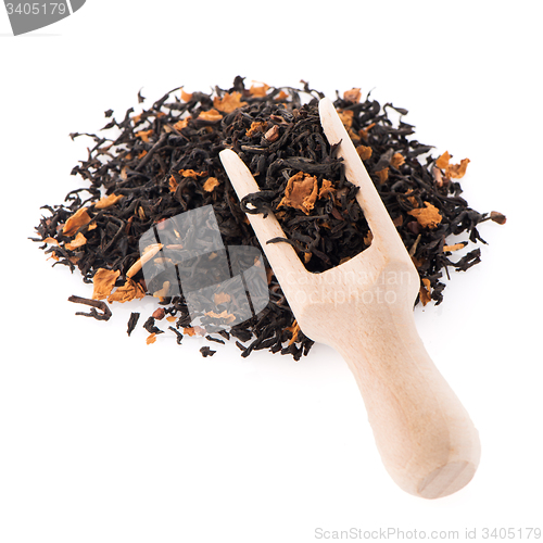 Image of Black Dry Tea with a Wooden Spoon