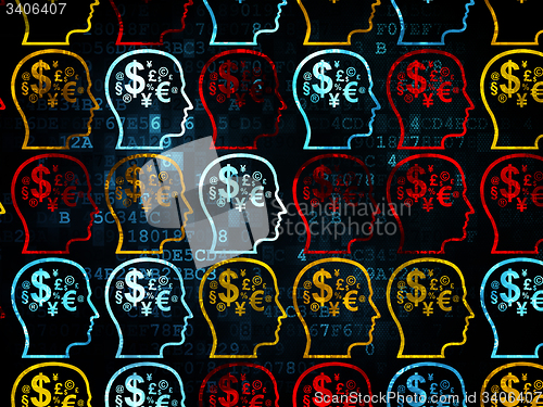 Image of Advertising concept: Head With Finance Symbol icons on Digital background