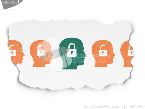 Image of Security concept: head with padlock icon on Torn Paper background