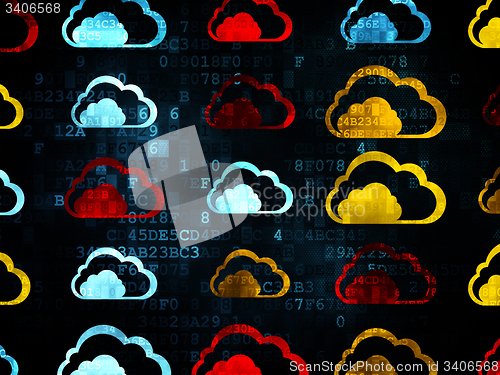 Image of Cloud computing concept: Cloud icons on Digital background