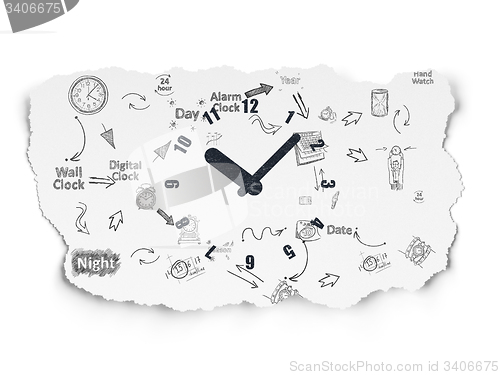 Image of Timeline concept: Clock on Torn Paper background