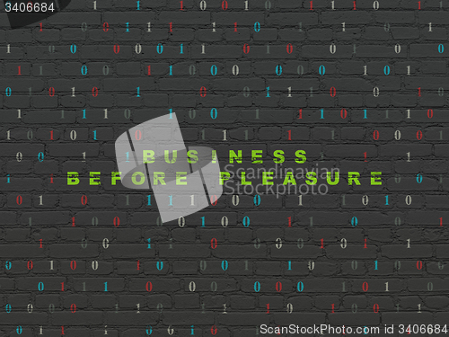 Image of Finance concept: Business Before pleasure on wall background
