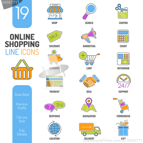 Image of Online Shopping Thin Lines Color Web Icon Set