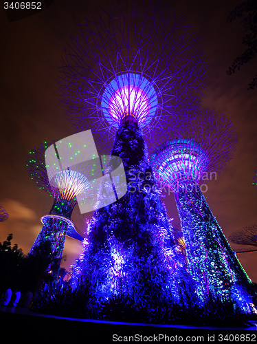 Image of Bold Blue Lights from the Towers of Gardens by the Bay in Singap