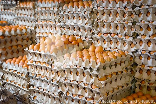 Image of Enormous Stack of Egg Trays at an Asian Public Market