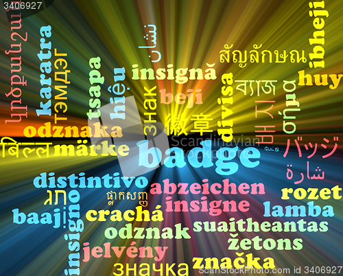 Image of Badge multilanguage wordcloud background concept glowing