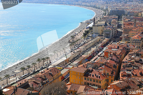 Image of Panoramic view of spring Nice coastline and old town, French Riv