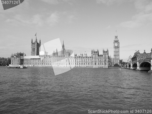 Image of Black and white Houses of Parliament in London