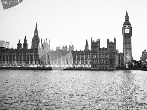 Image of Black and white Houses of Parliament in London