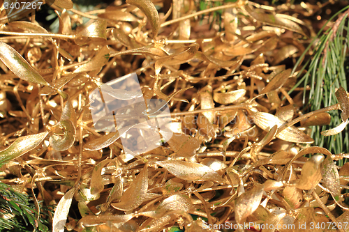 Image of gold mistletoe christmas background