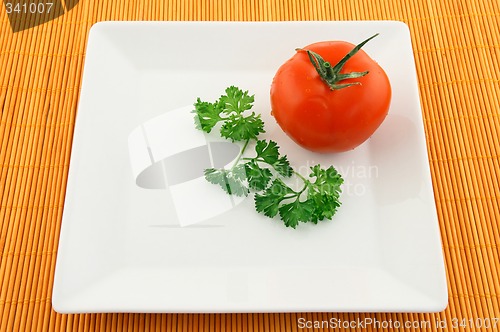 Image of Tomato and parsley on a square plate