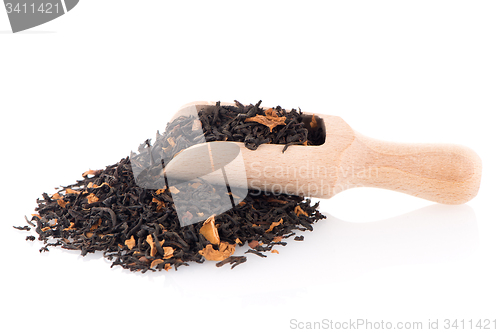 Image of Black Dry Tea with a Wooden Spoon