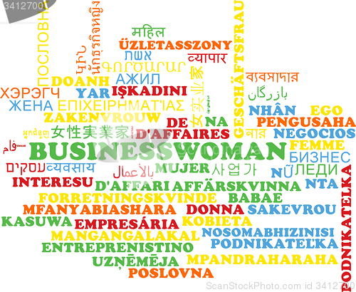 Image of Businesswoman multilanguage wordcloud background concept