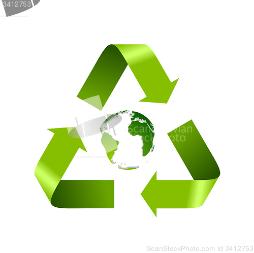 Image of Green recycle logo and globe isolated on white