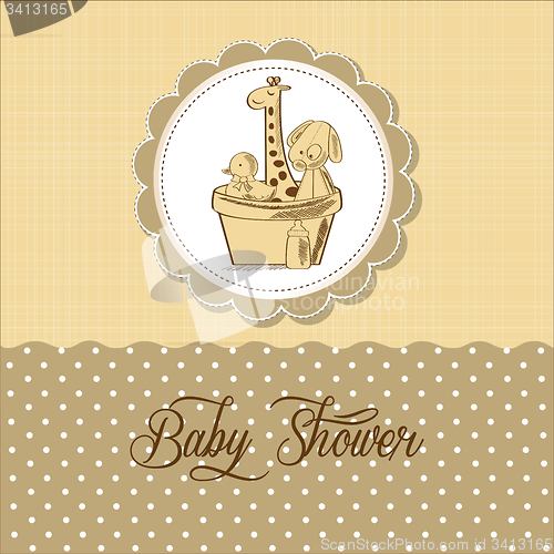 Image of baby shower card with retro toys