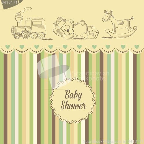 Image of baby shower card with retro toys