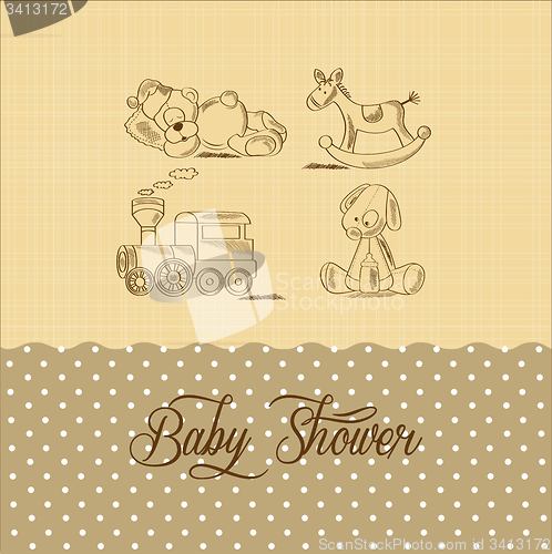 Image of baby shower card with retro toys