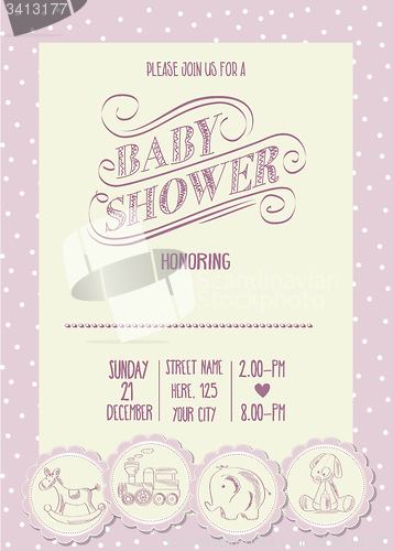 Image of baby girl shower card with retro toys