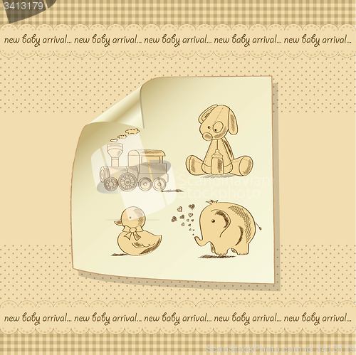 Image of baby shower card with retro toys