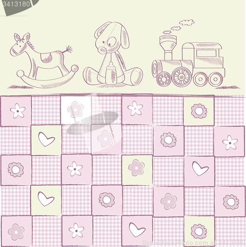 Image of baby girl shower card with retro toys
