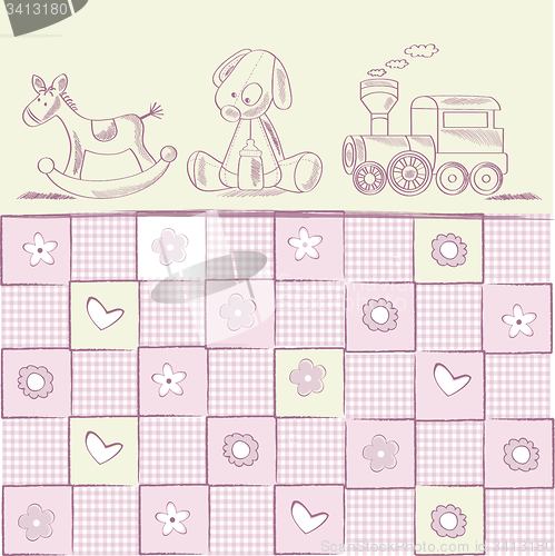 Image of baby girl shower card with retro toys