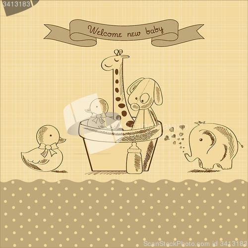 Image of baby shower card with retro toys