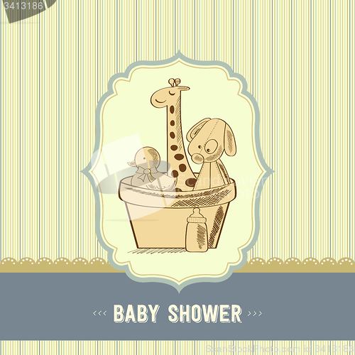 Image of baby shower card with retro toys